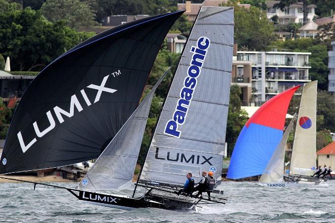 Lumix and Yandoo battle for the lead on the first lap of the course &copy; Frank Quealey /Australian 18 Footers League http://www.18footers.com.au